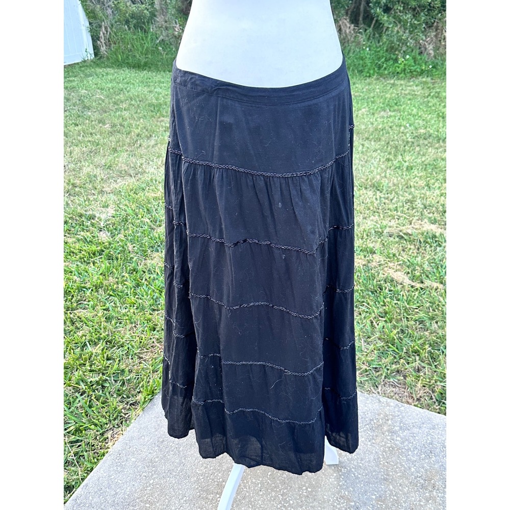 100% Cotton Tiered Maxi Boho Western Indie Skirt Womens Large Black Beaded